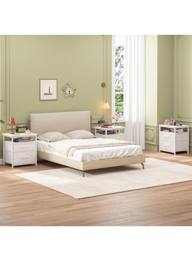 SHEIDLIN طاولة سرير عصرية مع رف مفتوح، طاولة جانبية بيضاء، طاولة متينة لغرفة المعيشة، طاولة سرير لغرفة النوم مع درجين من القماش. - Image 3